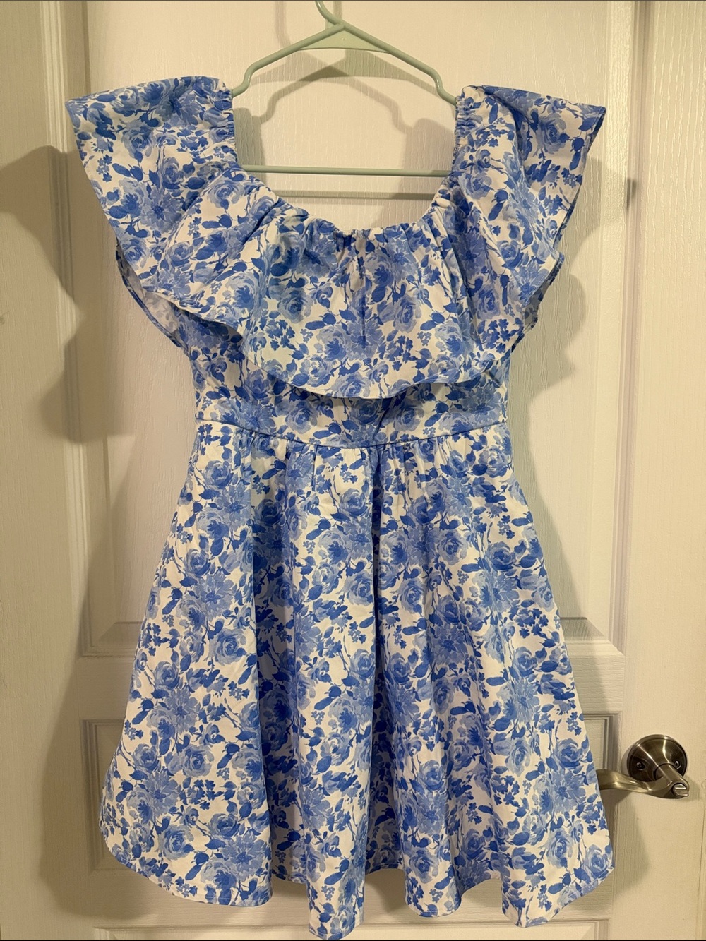 Altar'd State Blue Floral Ruffle-Shoulder Dress